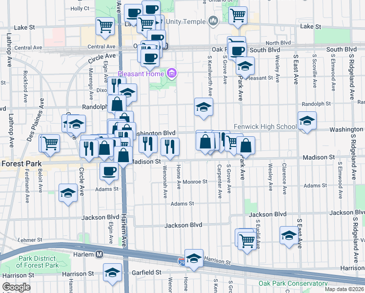 map of restaurants, bars, coffee shops, grocery stores, and more near 430 Home Avenue in Oak Park