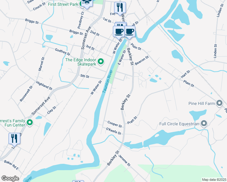 map of restaurants, bars, coffee shops, grocery stores, and more near 102 East Water Street in Taunton