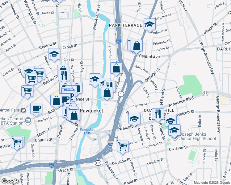 map of restaurants, bars, coffee shops, grocery stores, and more near 214 Broadway in Pawtucket