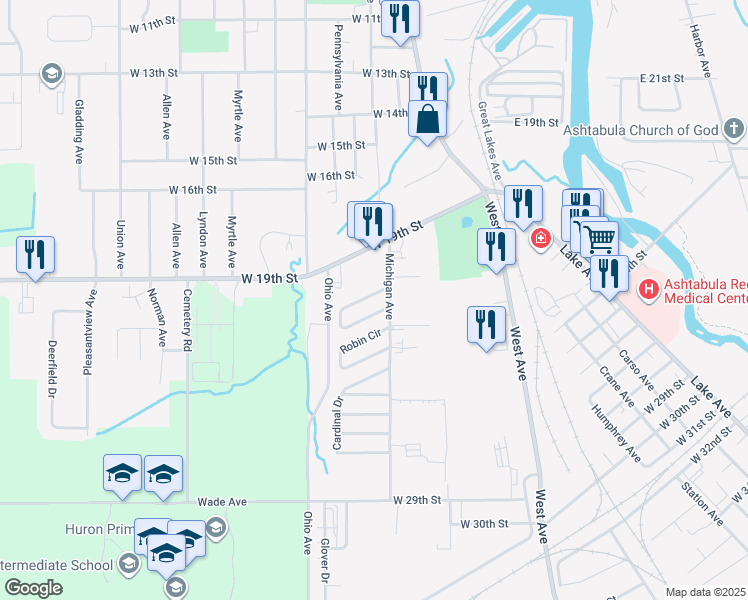 map of restaurants, bars, coffee shops, grocery stores, and more near 1749 Blue Jay Circle in Ashtabula