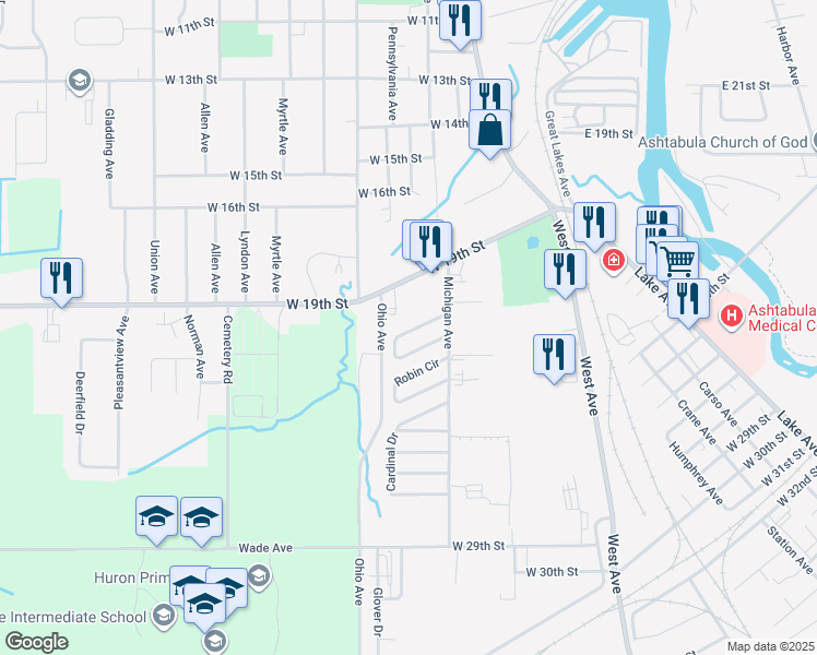 map of restaurants, bars, coffee shops, grocery stores, and more near 1726-1739 Blue Jay Cir in Ashtabula