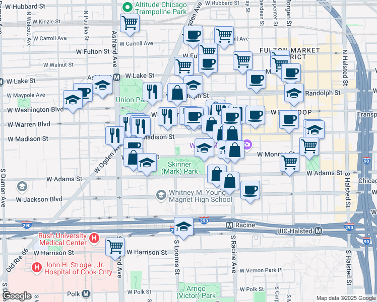 map of restaurants, bars, coffee shops, grocery stores, and more near Unnamed Road in Chicago