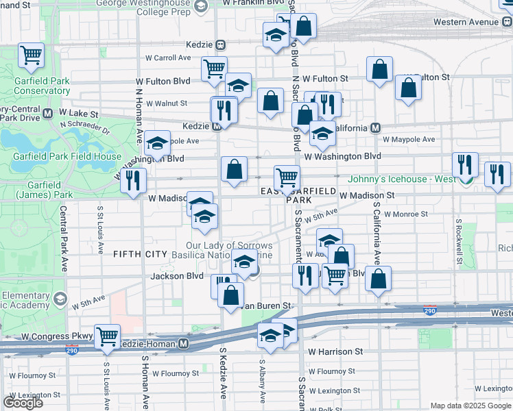 map of restaurants, bars, coffee shops, grocery stores, and more near 3112 West Monroe Street in Chicago