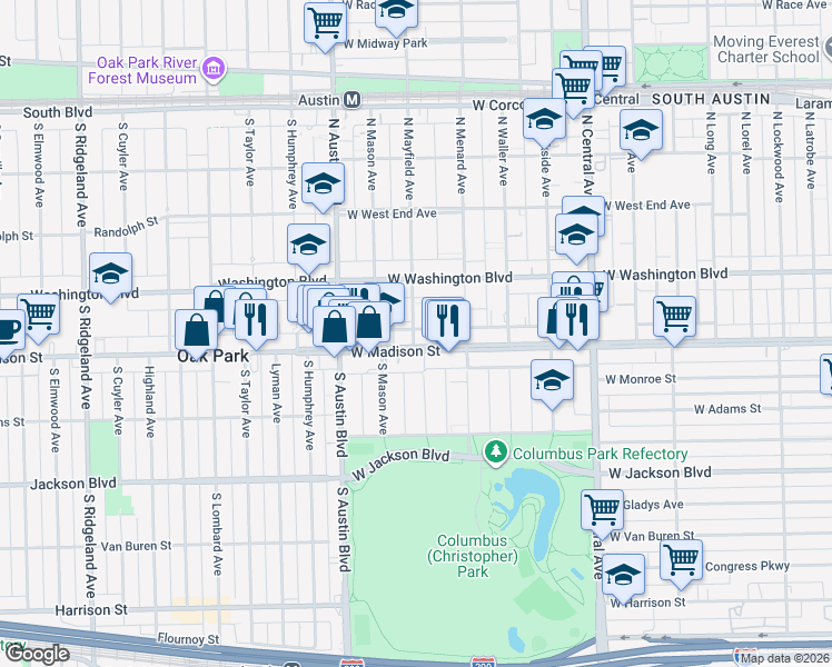 map of restaurants, bars, coffee shops, grocery stores, and more near 5831 West Madison Street in Chicago