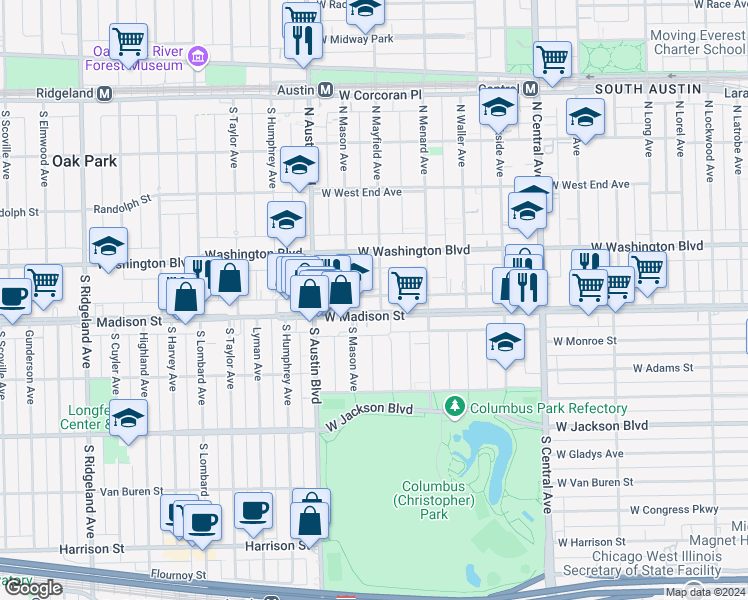 map of restaurants, bars, coffee shops, grocery stores, and more near 5925 West Madison Street in Chicago