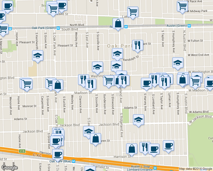 map of restaurants, bars, coffee shops, grocery stores, and more near 438 Madison Street in Oak Park