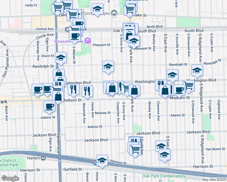map of restaurants, bars, coffee shops, grocery stores, and more near 848 Madison Street in Oak Park