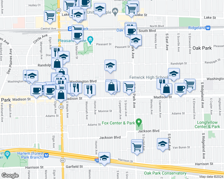 map of restaurants, bars, coffee shops, grocery stores, and more near 926 Madison Street in Oak Park