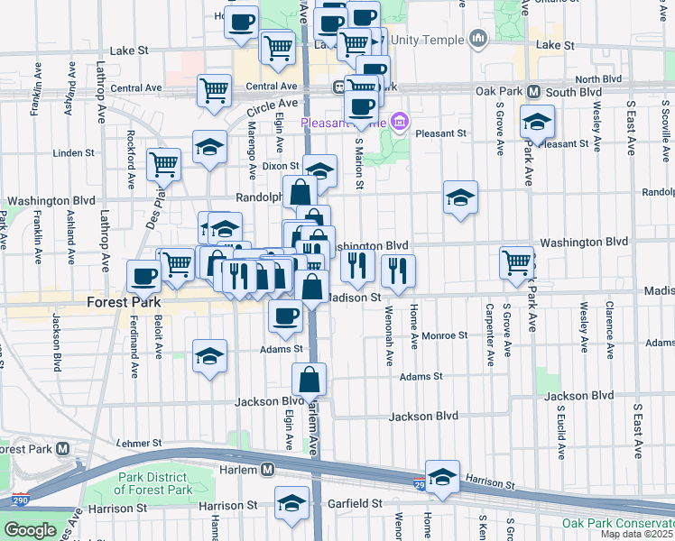 map of restaurants, bars, coffee shops, grocery stores, and more near 1148 Madison Street in Chicago