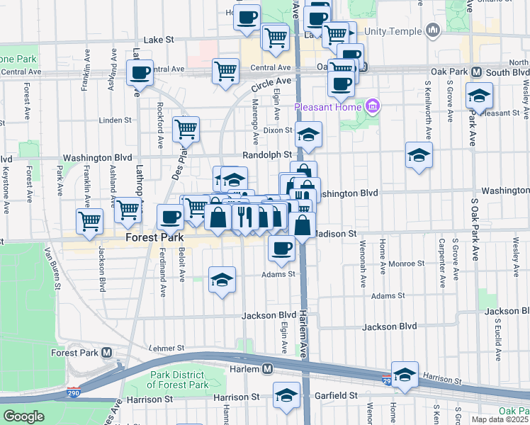 map of restaurants, bars, coffee shops, grocery stores, and more near 7251 Madison Street in Forest Park