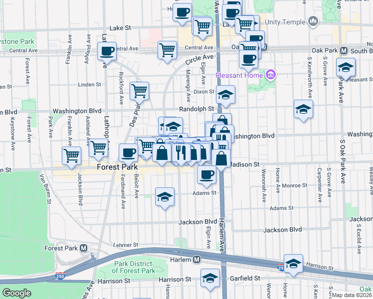 map of restaurants, bars, coffee shops, grocery stores, and more near 7251 Madison Street in Forest Park
