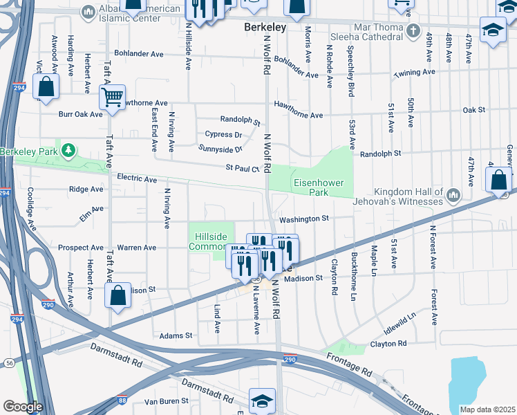 map of restaurants, bars, coffee shops, grocery stores, and more near 4850 Washington Street in Hillside