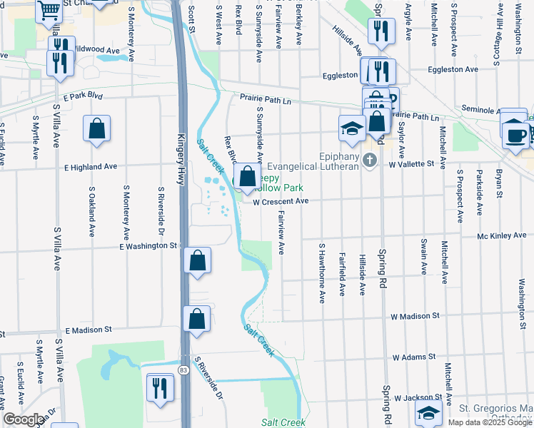 map of restaurants, bars, coffee shops, grocery stores, and more near 656 South Sunnyside Avenue in Elmhurst