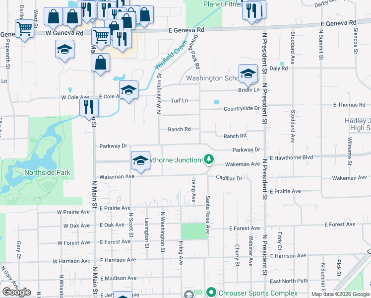 map of restaurants, bars, coffee shops, grocery stores, and more near 425 East Hawthorne Boulevard in Wheaton