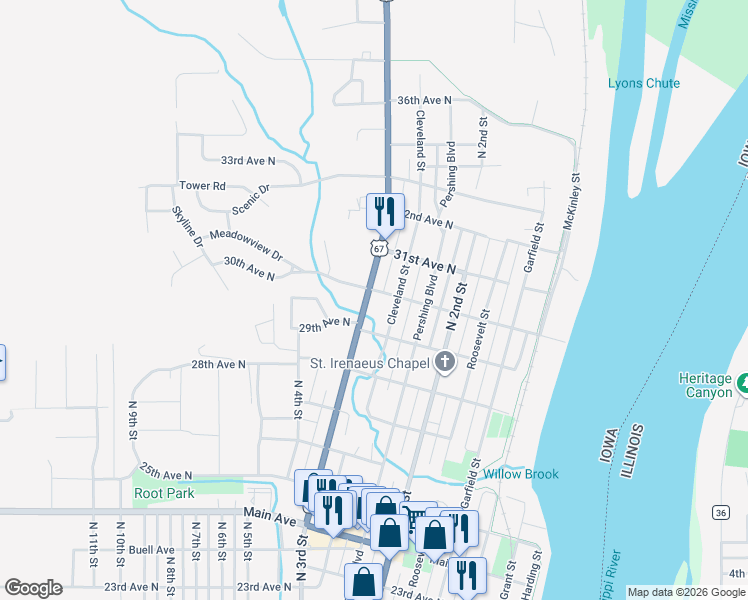 map of restaurants, bars, coffee shops, grocery stores, and more near 2912 Cleveland Street in Clinton