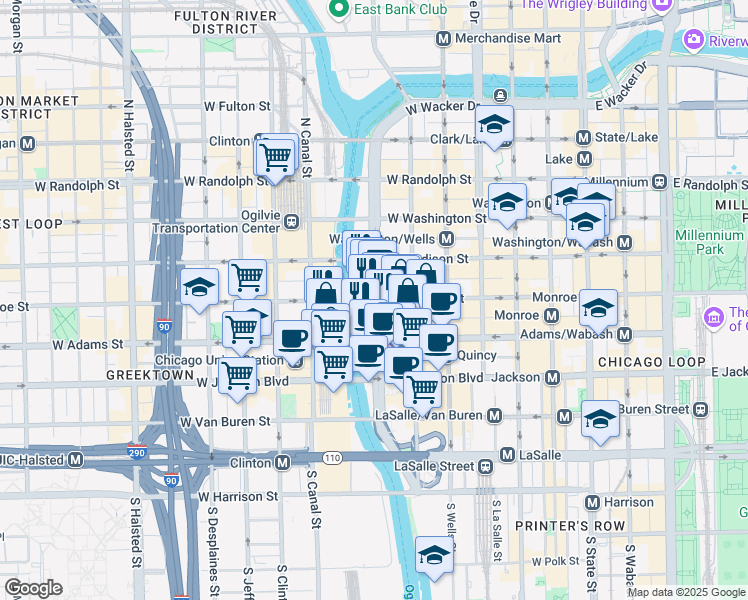 map of restaurants, bars, coffee shops, grocery stores, and more near 100 South Wacker Drive in Chicago