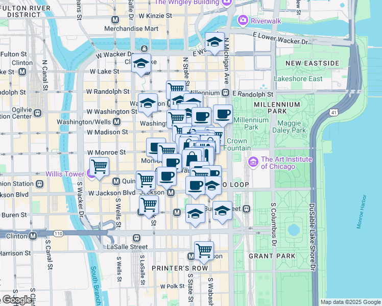 map of restaurants, bars, coffee shops, grocery stores, and more near 3 East Monroe Street in Chicago