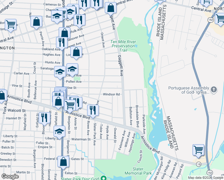 map of restaurants, bars, coffee shops, grocery stores, and more near 111 Windsor Road in Pawtucket