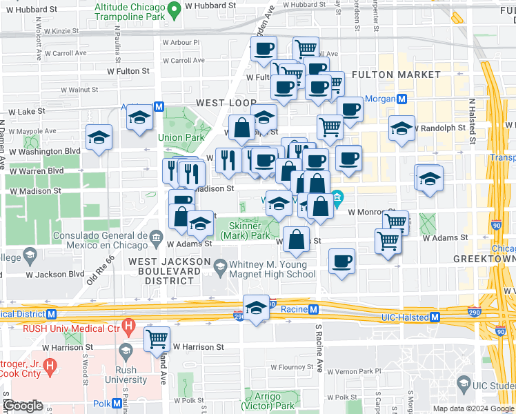 map of restaurants, bars, coffee shops, grocery stores, and more near Unnamed Road in Chicago