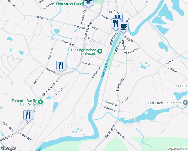 map of restaurants, bars, coffee shops, grocery stores, and more near West Water Street in Taunton