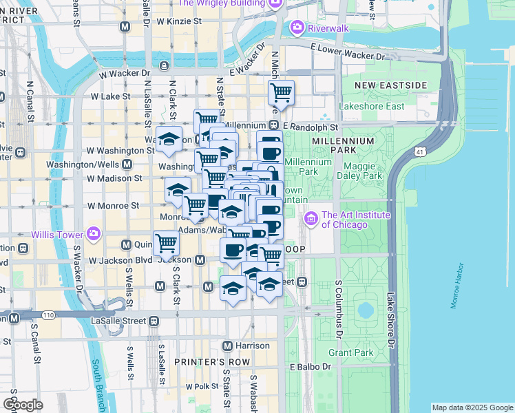 map of restaurants, bars, coffee shops, grocery stores, and more near 55 East Monroe Street in Chicago