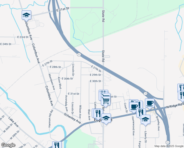 map of restaurants, bars, coffee shops, grocery stores, and more near 1701 East 30th Street in Ashtabula