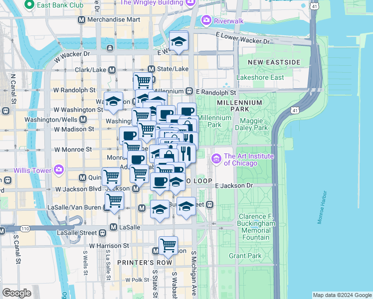 map of restaurants, bars, coffee shops, grocery stores, and more near 104 South Michigan Avenue in Chicago