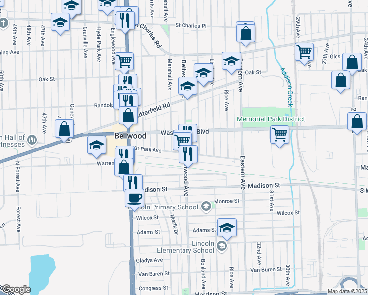 map of restaurants, bars, coffee shops, grocery stores, and more near 624 Bellwood Avenue in Bellwood