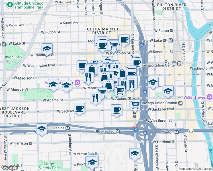 map of restaurants, bars, coffee shops, grocery stores, and more near 950 West Monroe Street in Chicago