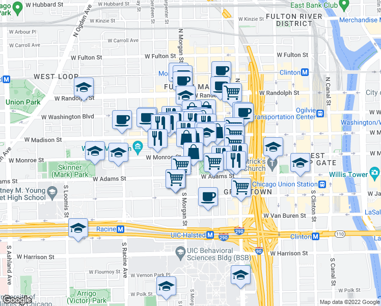 map of restaurants, bars, coffee shops, grocery stores, and more near 119 South Sangamon Street in Chicago