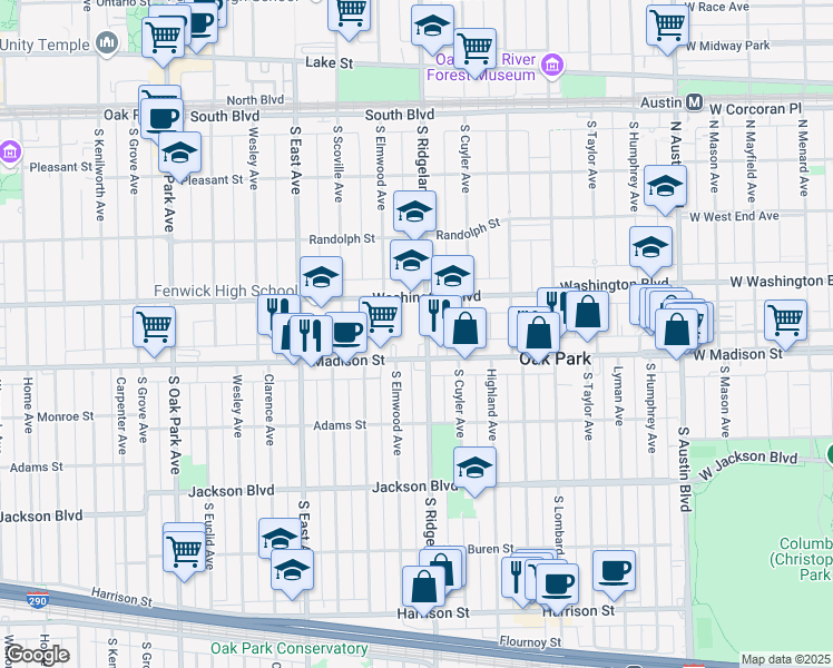 map of restaurants, bars, coffee shops, grocery stores, and more near 427 South Ridgeland Avenue in Oak Park