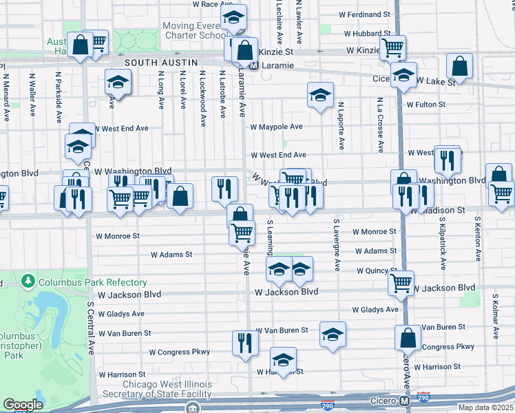 map of restaurants, bars, coffee shops, grocery stores, and more near 5151 West Madison Street in Chicago