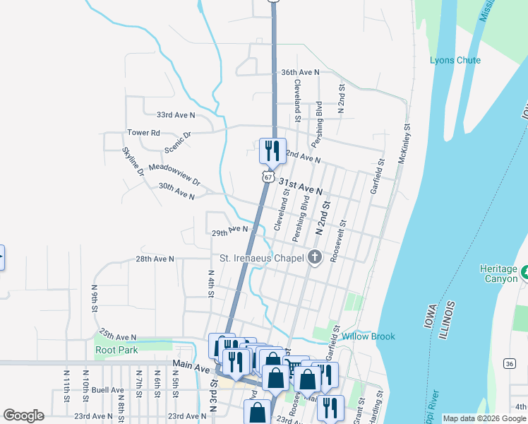 map of restaurants, bars, coffee shops, grocery stores, and more near 2912 Cleveland Street in Clinton