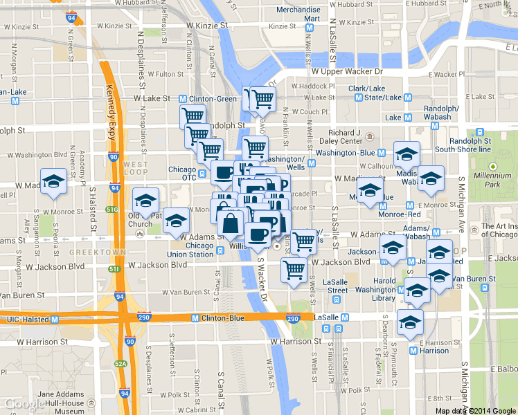 map of restaurants, bars, coffee shops, grocery stores, and more near W Monroe St & S Wacker Dr in Chicago