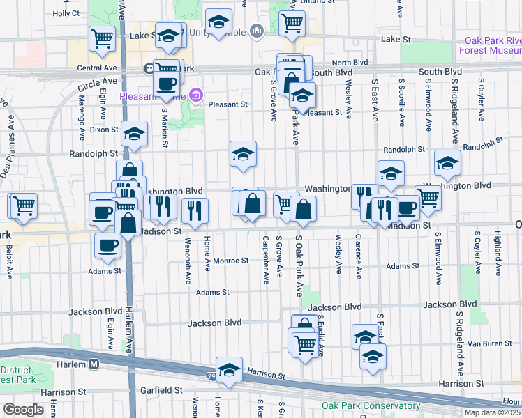 map of restaurants, bars, coffee shops, grocery stores, and more near 848 Madison Street in Oak Park