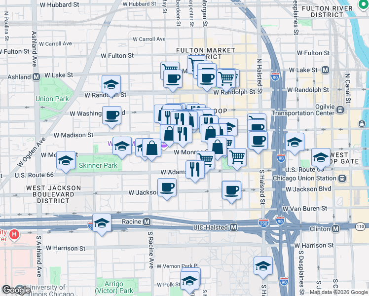 map of restaurants, bars, coffee shops, grocery stores, and more near 1051 West Monroe Street in Chicago