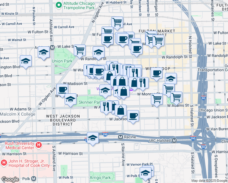map of restaurants, bars, coffee shops, grocery stores, and more near 1233 West Monroe Street in Chicago