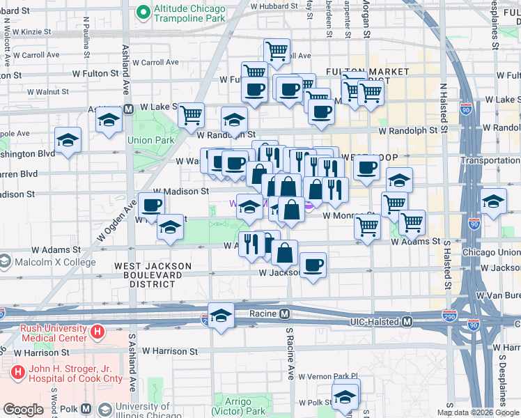 map of restaurants, bars, coffee shops, grocery stores, and more near 1244 West Monroe Street in Chicago