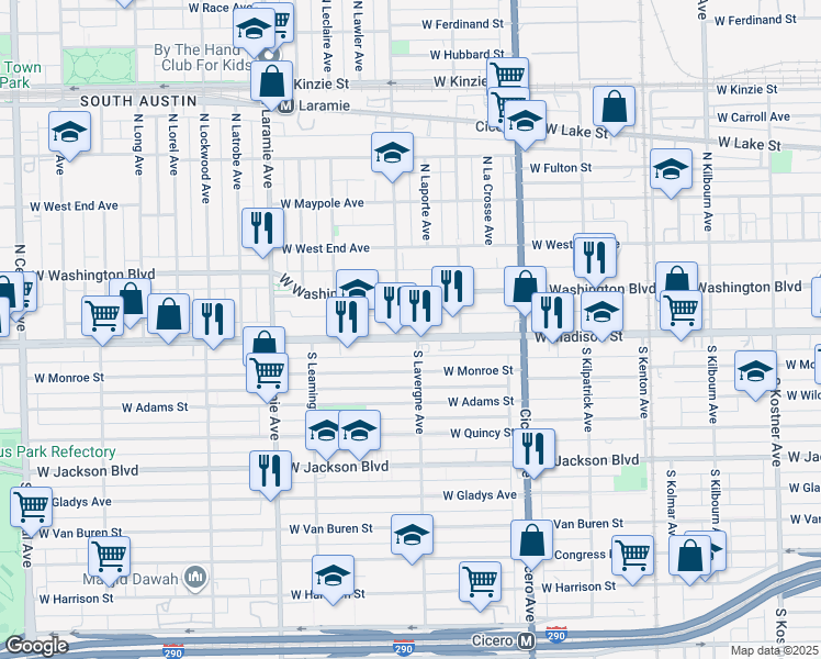map of restaurants, bars, coffee shops, grocery stores, and more near 5001 West Madison Street in Chicago