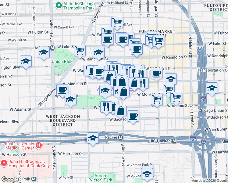 map of restaurants, bars, coffee shops, grocery stores, and more near 1233 West Monroe Street in Chicago