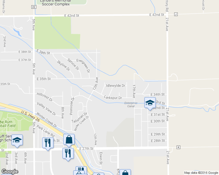 map of restaurants, bars, coffee shops, grocery stores, and more near 3326 Lilac Drive in Scottsbluff