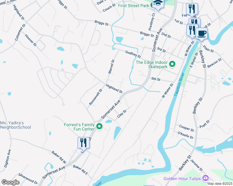 map of restaurants, bars, coffee shops, grocery stores, and more near 693 Somerset Avenue in Taunton