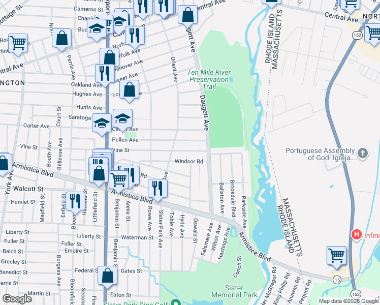 map of restaurants, bars, coffee shops, grocery stores, and more near 111 Windsor Road in Pawtucket