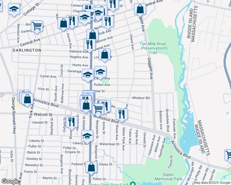map of restaurants, bars, coffee shops, grocery stores, and more near 11 Grand View Road in Pawtucket