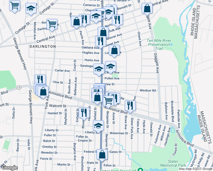 map of restaurants, bars, coffee shops, grocery stores, and more near 7 Crescent Road in Pawtucket