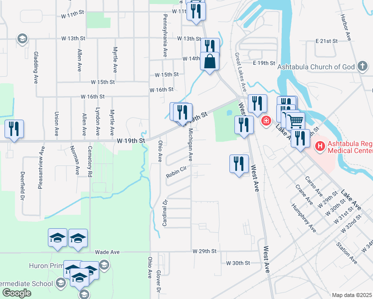 map of restaurants, bars, coffee shops, grocery stores, and more near 1749 Blue Jay Circle in Ashtabula
