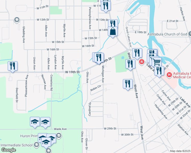map of restaurants, bars, coffee shops, grocery stores, and more near 1726-1739 Blue Jay Cir in Ashtabula