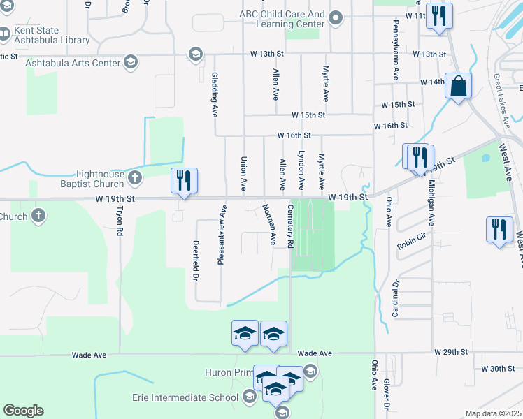 map of restaurants, bars, coffee shops, grocery stores, and more near 1936 West 19th Street in Ashtabula