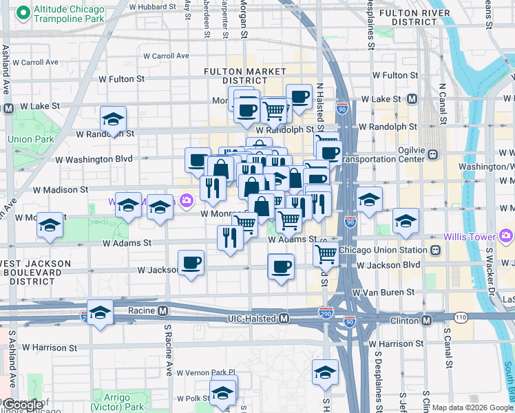 map of restaurants, bars, coffee shops, grocery stores, and more near 119 South Sangamon Street in Chicago