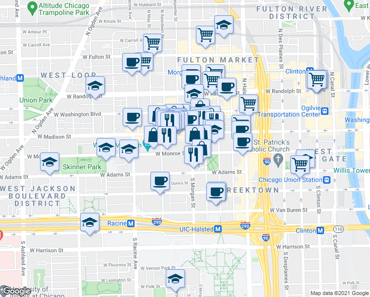 map of restaurants, bars, coffee shops, grocery stores, and more near 1013 West Monroe Street in Chicago
